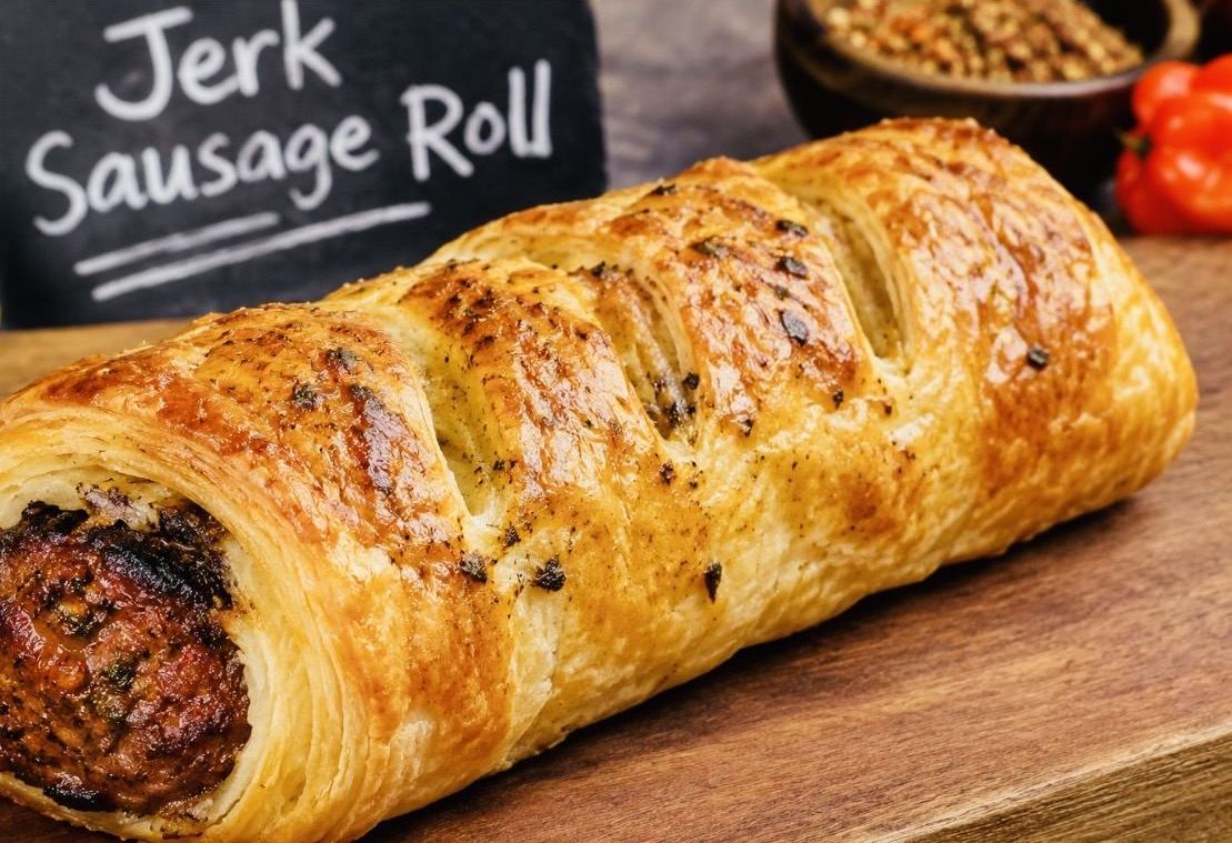 A golden jerk sausage roll with herbs baked into the pastry