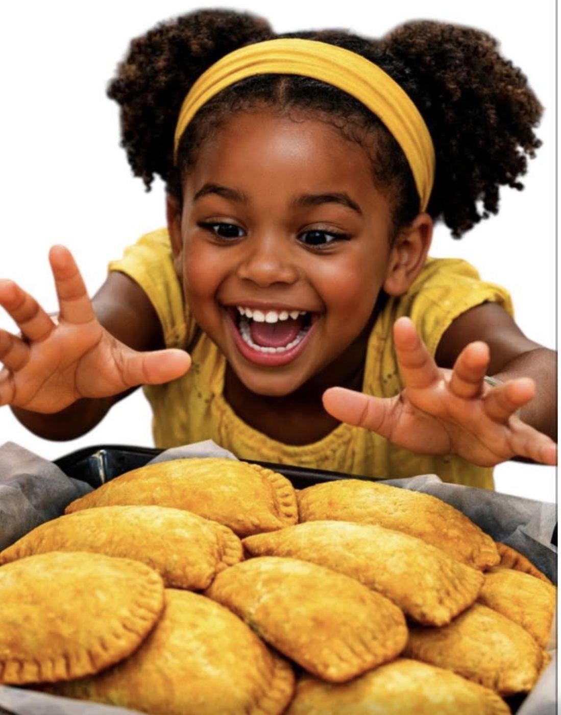 A smiling child in a yellow headband reaching for a tray of golden patties